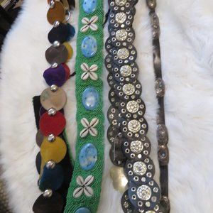Four groovy 1970s 1980s belts - two concho belts - suede belt - bead+shell belt